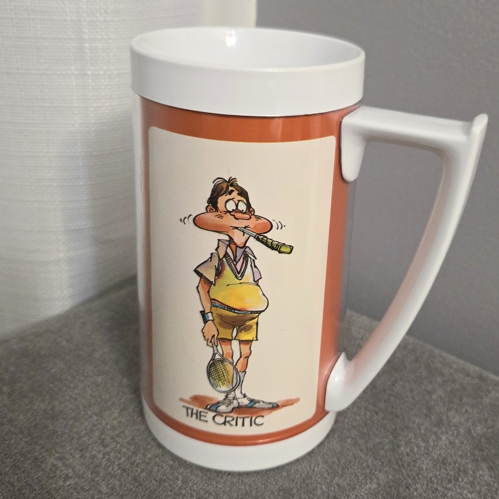 Vtg Tennis Player Cup Insulated Mug Humorous Thermo Serv Sports